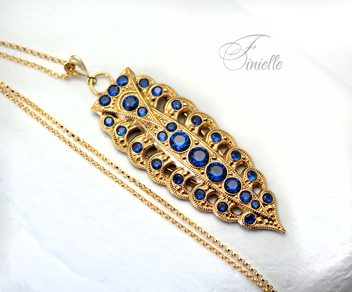 Art Deco Unique Necklace Pendant, Spinel Sapphire Blue Zirconia, Antique, Vintage Repurposed One, Richly Gilded