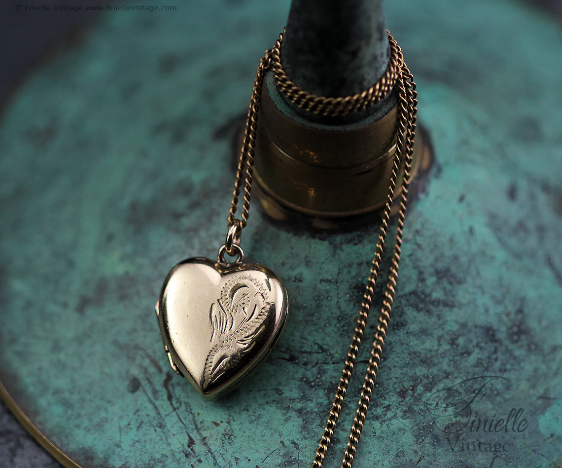 Antique Vintage Art Deco 12CT Rolled Gold 1920-1930s Heart Love Charm Locket Pendant Necklace, Yellow Gold Plated 18" Chain, Unique Gift