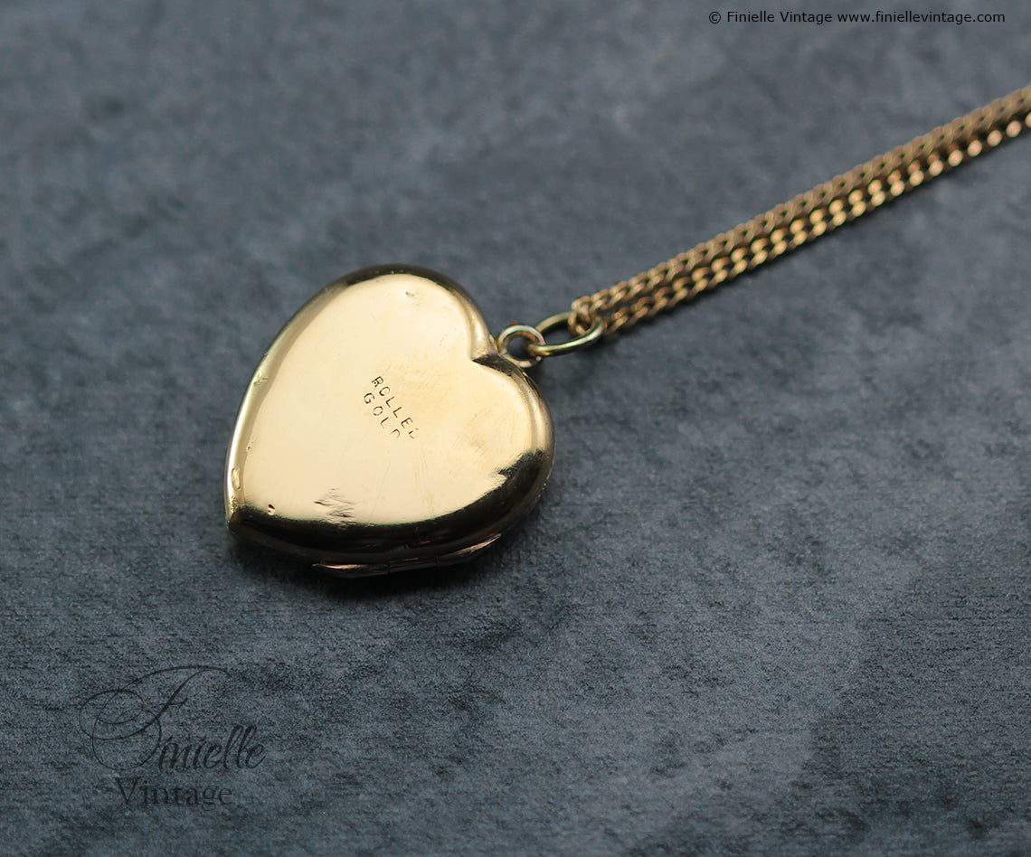 Antique Art Deco Heart Locket Pendant, 14ct Rolled Gold, Floral Engraved, 18" Chain