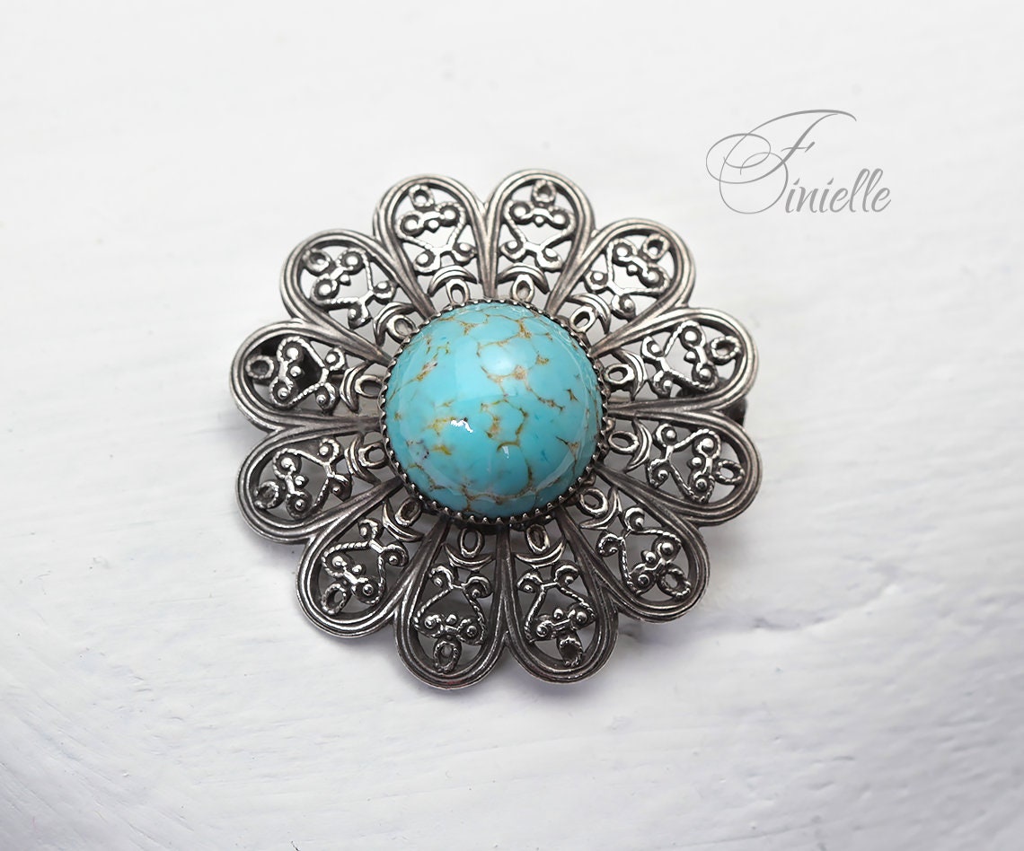 Vintage 1950's Czech Art Deco Filigree Brooch, Faux Turquoise Domed Cabochon, Brooch Pin Silver Plated Jewelry, Blue, Silver Tone jewelry