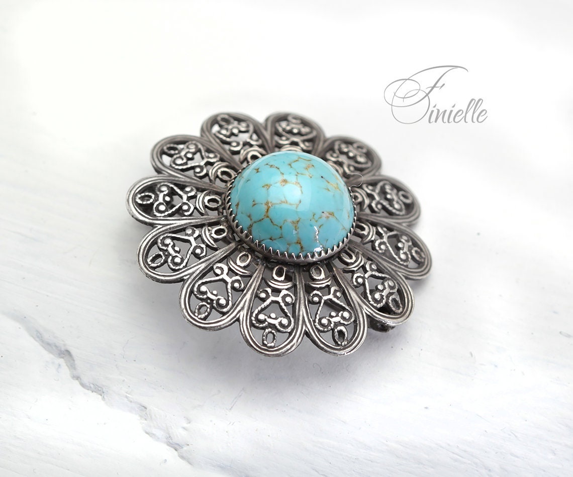 Vintage 1950's Czech Art Deco Filigree Brooch, Faux Turquoise Domed Cabochon, Brooch Pin Silver Plated Jewelry, Blue, Silver Tone jewelry