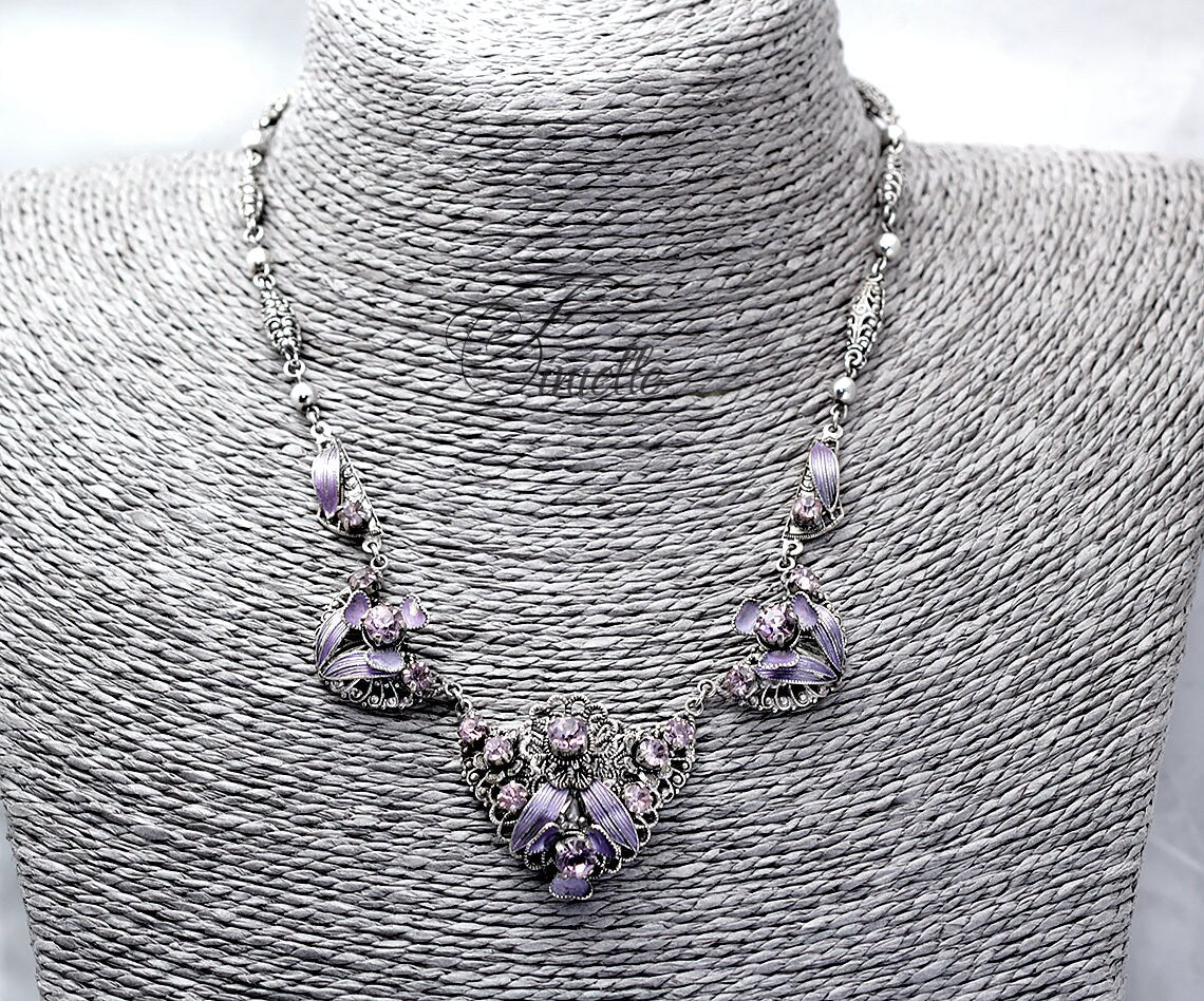 Vintage Antique 1920's 1930's Czech Filigree Purple Stone Necklace, Vintage Silver Plated Jewelry, Vintage necklace, Gift for Women.