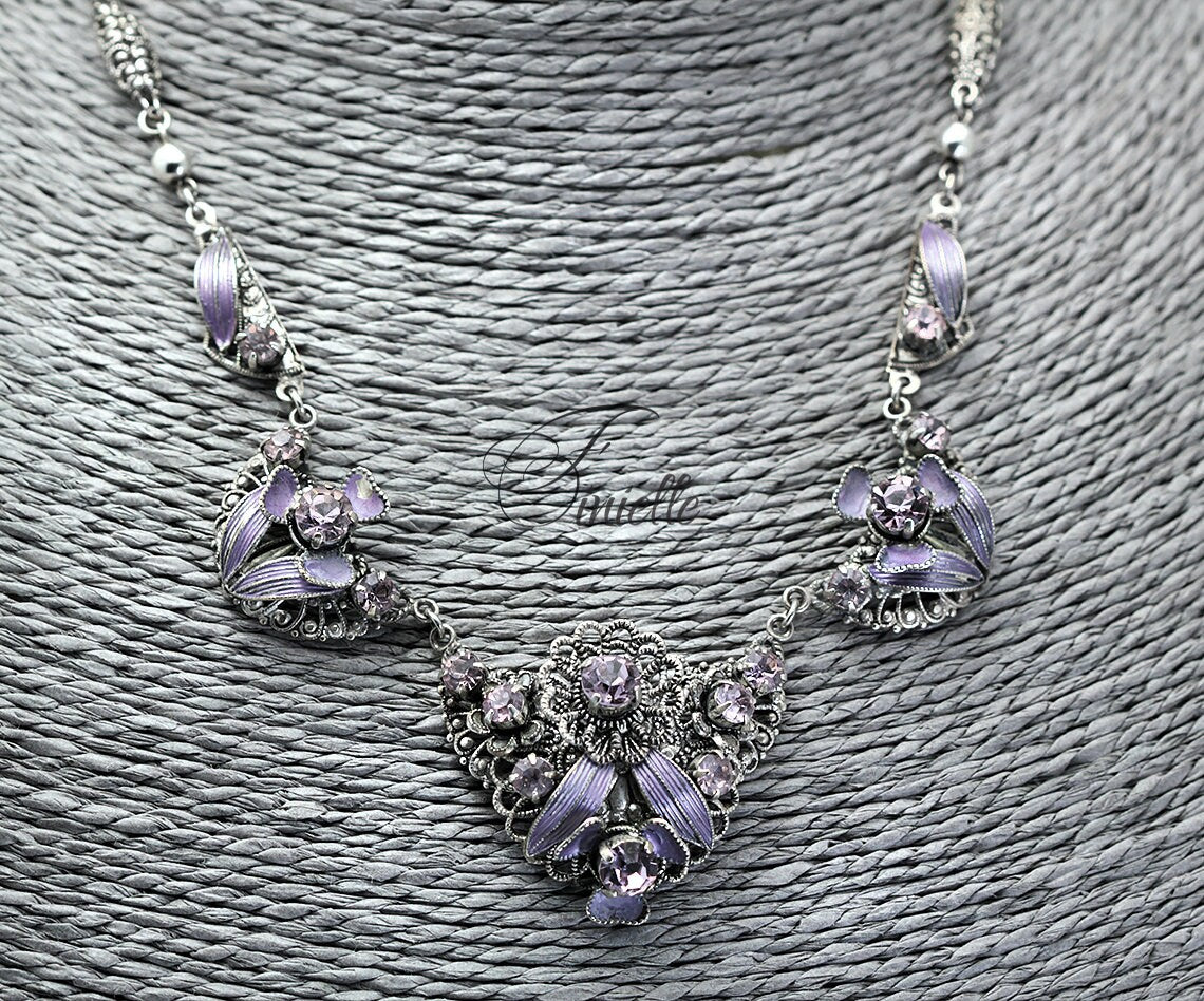 Vintage Antique 1920's 1930's Czech Filigree Purple Stone Necklace, Vintage Silver Plated Jewelry, Vintage necklace, Gift for Women.