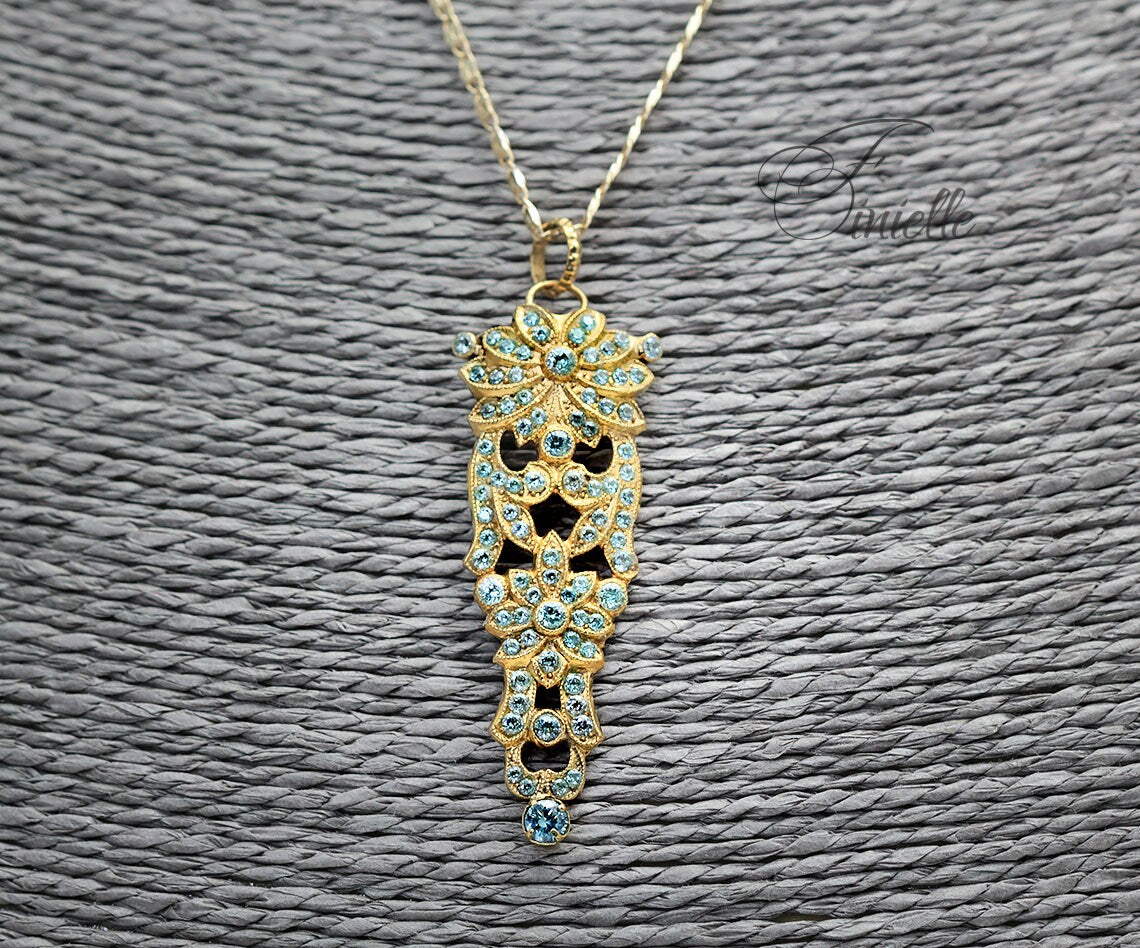 Art Deco Unique jewelry Necklace Pendant, Blue Aquamarine Zirconia, Antique, Vintage Repurposed, Richly Gilded, jewellery Gift for Women