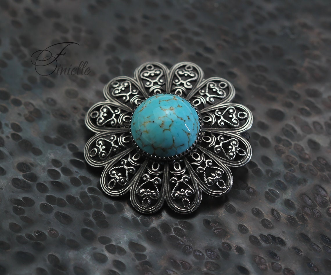 Vintage 1950's Czech Art Deco Filigree Brooch, Faux Turquoise Domed Cabochon, Brooch Pin Silver Plated Jewelry, Blue, Silver Tone jewelry