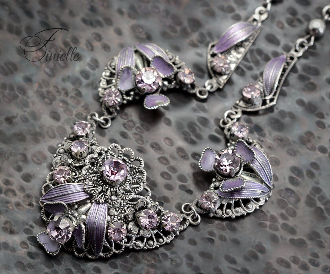 Vintage Antique 1920's 1930's Czech Filigree Purple Stone Necklace, Vintage Silver Plated Jewelry, Vintage necklace, Gift for Women.