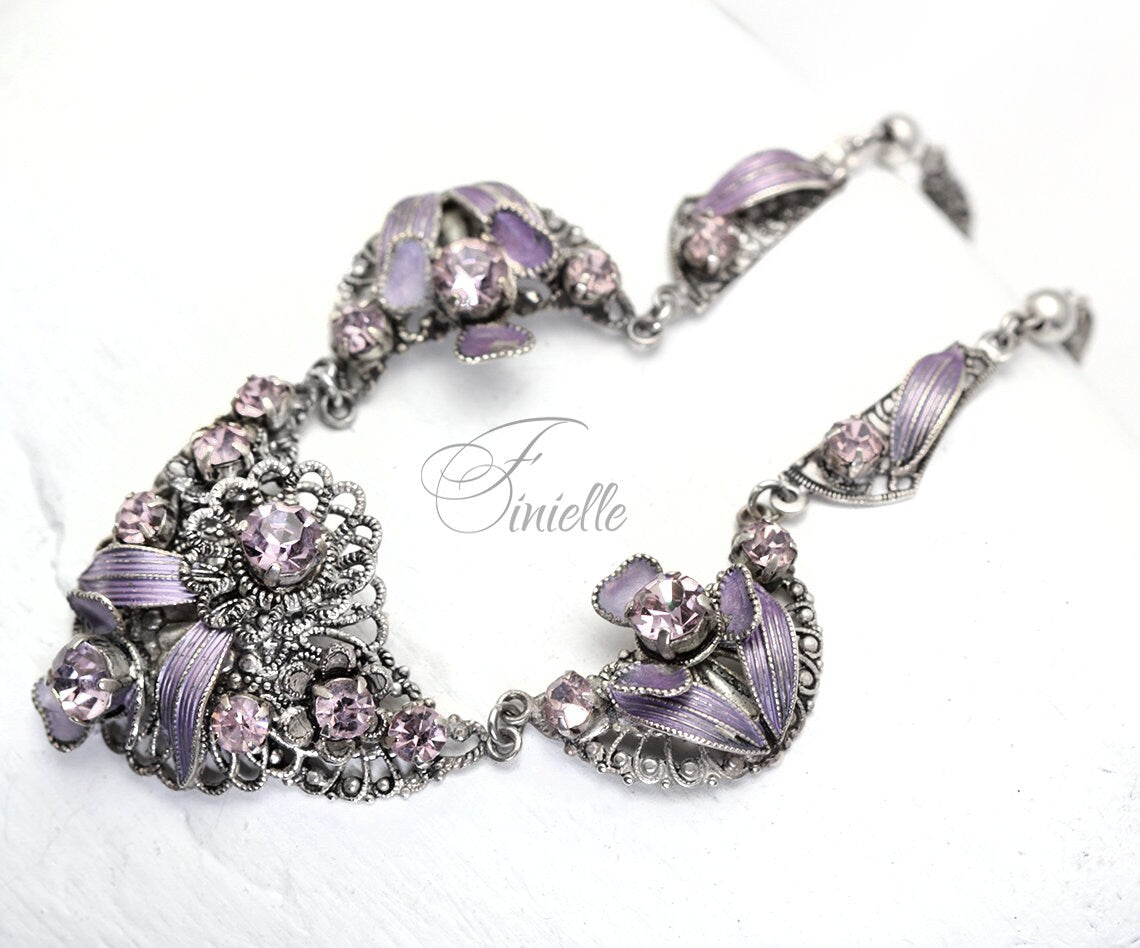 Vintage Antique 1920's 1930's Czech Filigree Purple Stone Necklace, Vintage Silver Plated Jewelry, Vintage necklace, Gift for Women.