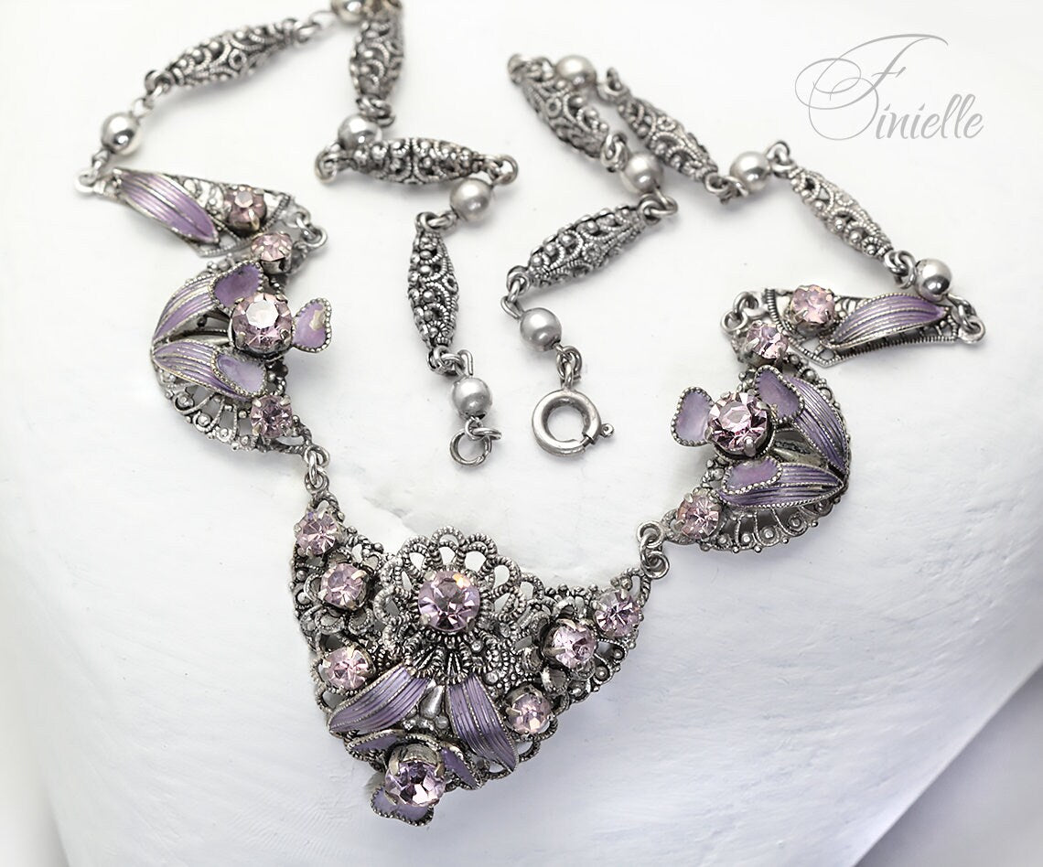 Vintage Antique 1920's 1930's Czech Filigree Purple Stone Necklace, Vintage Silver Plated Jewelry, Vintage necklace, Gift for Women.