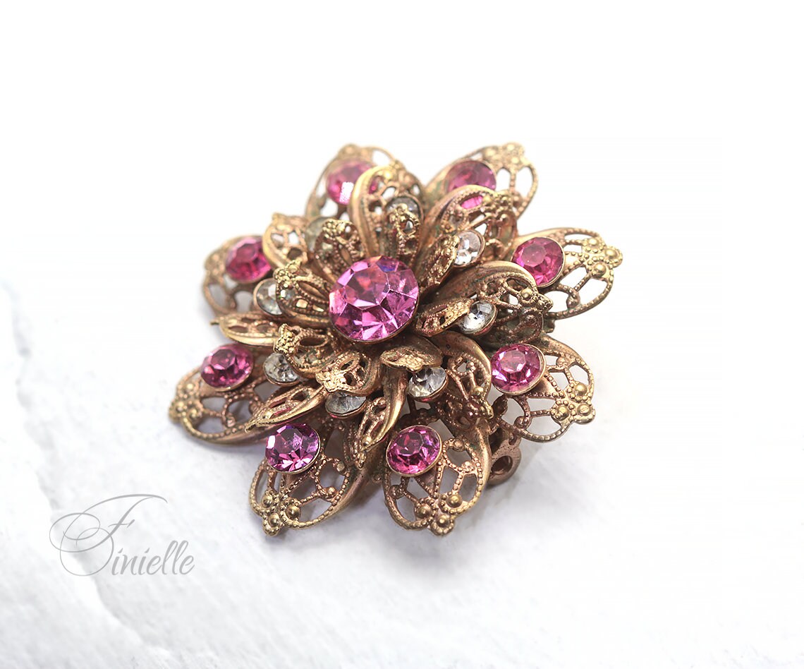 Vintage Art Deco 1950's Czech Jewellery, Pink White Crystal Rhinestone Brooch Filigree, Gold Plated, Vintage Jewelry, Gift for Women