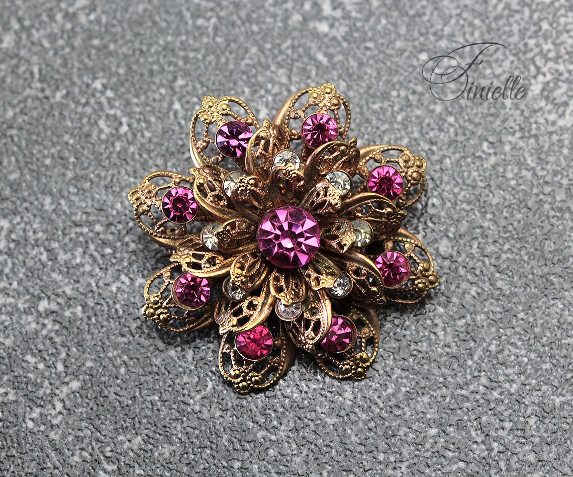 Vintage Art Deco 1950's Czech Jewellery, Pink White Crystal Rhinestone Brooch Filigree, Gold Plated, Vintage Jewelry, Gift for Women