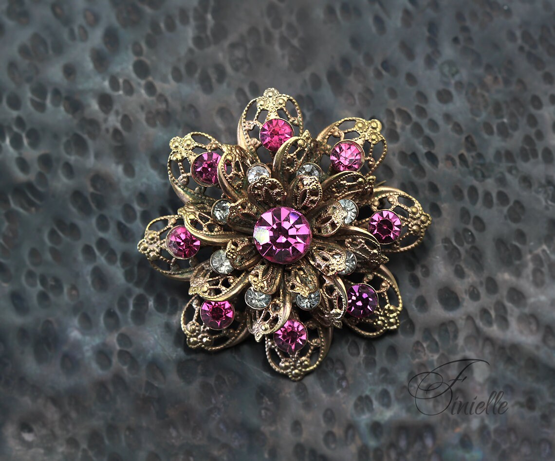 Vintage Art Deco 1950's Czech Jewellery, Pink White Crystal Rhinestone Brooch Filigree, Gold Plated, Vintage Jewelry, Gift for Women