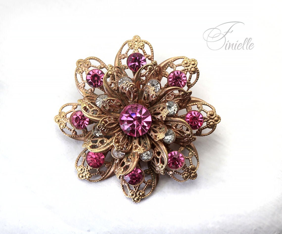 Vintage Art Deco 1950's Czech Jewellery, Pink White Crystal Rhinestone Brooch Filigree, Gold Plated, Vintage Jewelry, Gift for Women