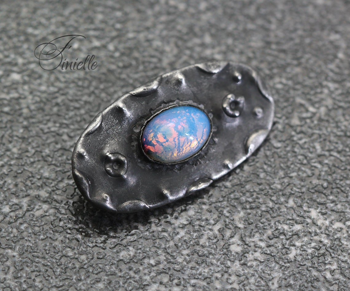 Art Nouveau 1895-1910, Arts Craft Pewter Brass faux Opal Brooch, Antique Vintage Jewelry, Unique design, Small Brooch, Gift for Women