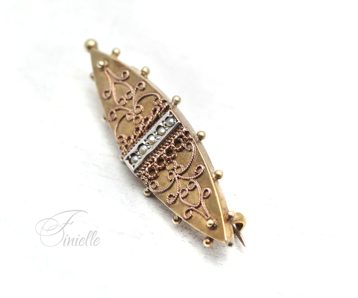 Antique Victorian Etruscan Revival Gold and Silver Plated Filigree Detailed Brooch, Seed Pearls, Vintage jewelry jewellery