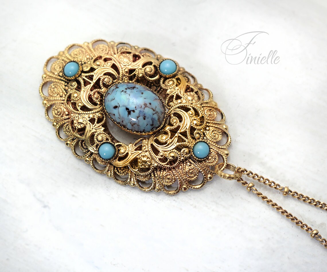 Art Deco Unique Necklace Pendant, Vintage Czech Bohemian Glass Turquoise, Vintage 1920-1930's, Repurposed Brooch, Gift for Women.