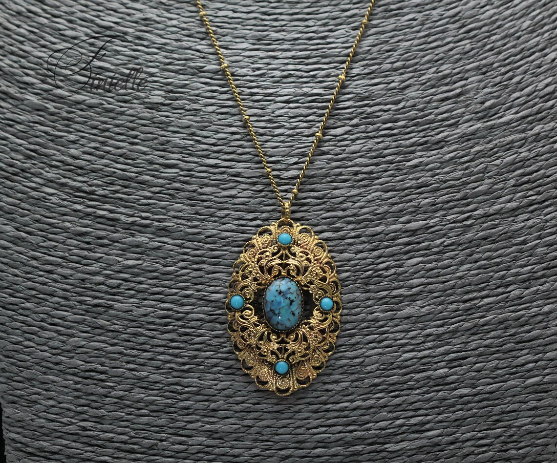 Art Deco Unique Necklace Pendant, Vintage Czech Bohemian Glass Turquoise, Vintage 1920-1930's, Repurposed Brooch, Gift for Women.