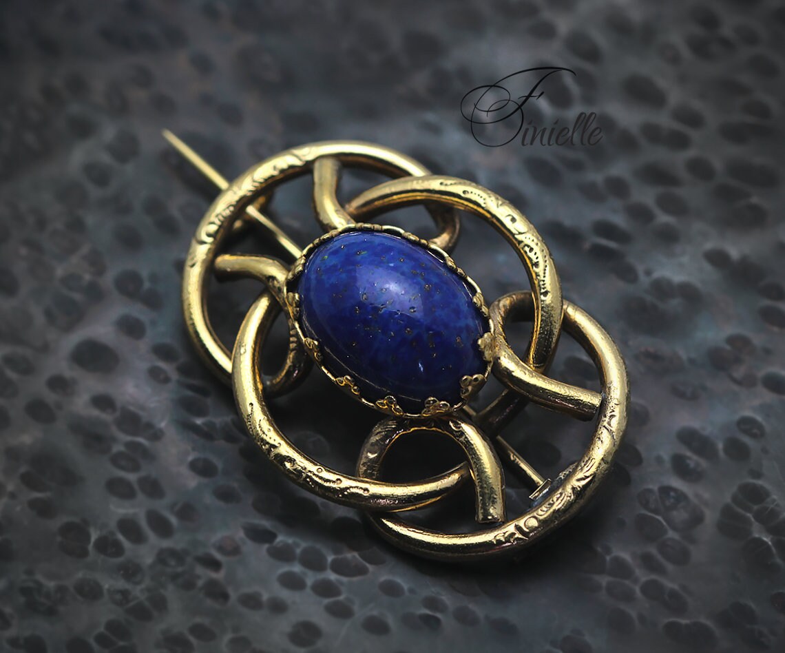 Antique Victorian Rolled Gold, Eternal Love Celtic Style Love Knot Small Brooch, Lapis Lazuli Glass, Gold-tone Vintage Jewellery