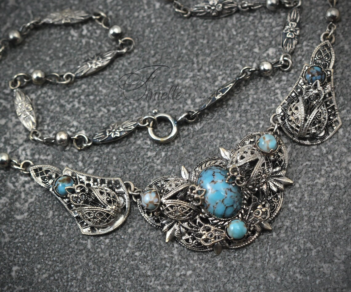 Art Deco 1920-1930's, Vintage Jewellery Antique Silver Plate, Czech Bohemian Blue Glass Turquoise Filigree Necklace, Jewelry Gift for Women