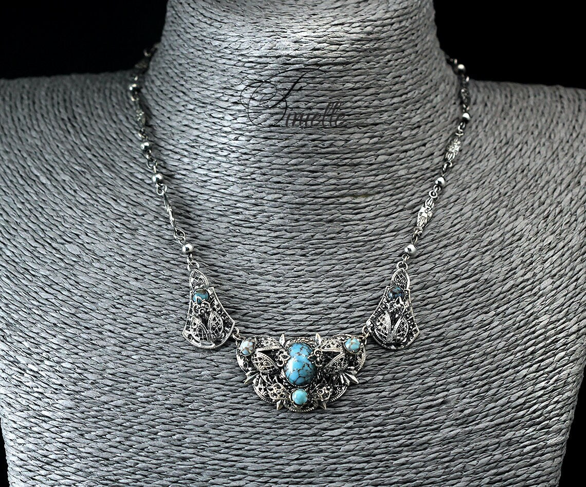 Art Deco 1920-1930's, Vintage Jewellery Antique Silver Plate, Czech Bohemian Blue Glass Turquoise Filigree Necklace, Jewelry Gift for Women