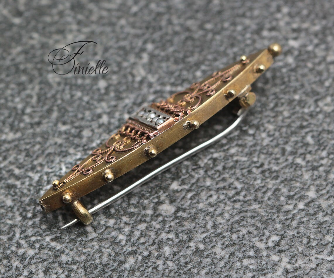 Antique Victorian Etruscan Revival Gold and Silver Plated Filigree Detailed Brooch, Seed Pearls, Vintage jewelry jewellery
