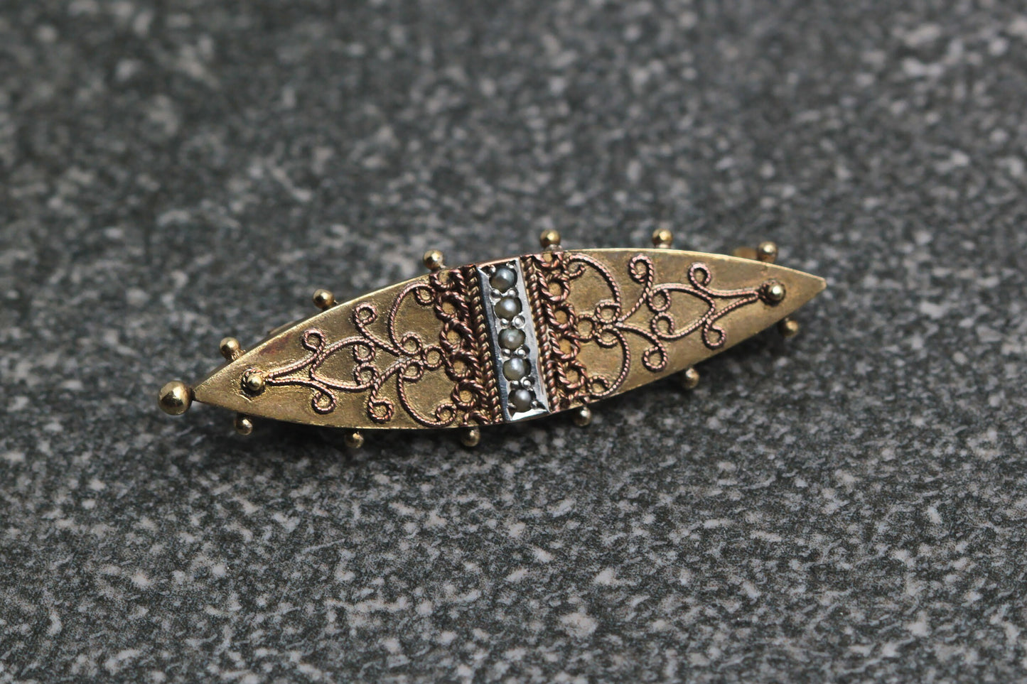 Antique Victorian Etruscan Revival Gold and Silver Plated Filigree Detailed Brooch, Seed Pearls, Vintage jewelry jewellery