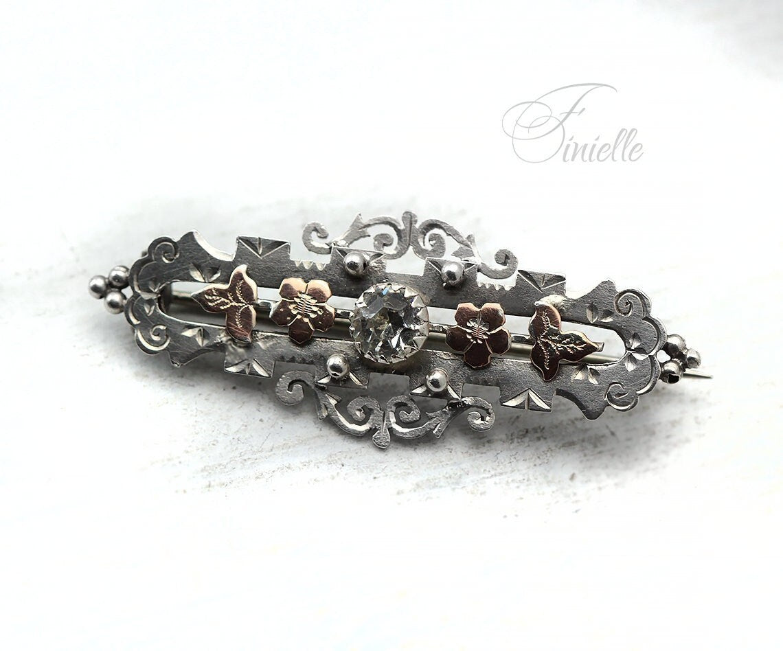 Sterling Silver and Rose Gold, Victorian 1898 Hallmarked | William Twigg | Birmingham, Floral Brooch, Antique Vintage Gift Jewelry Jewellery