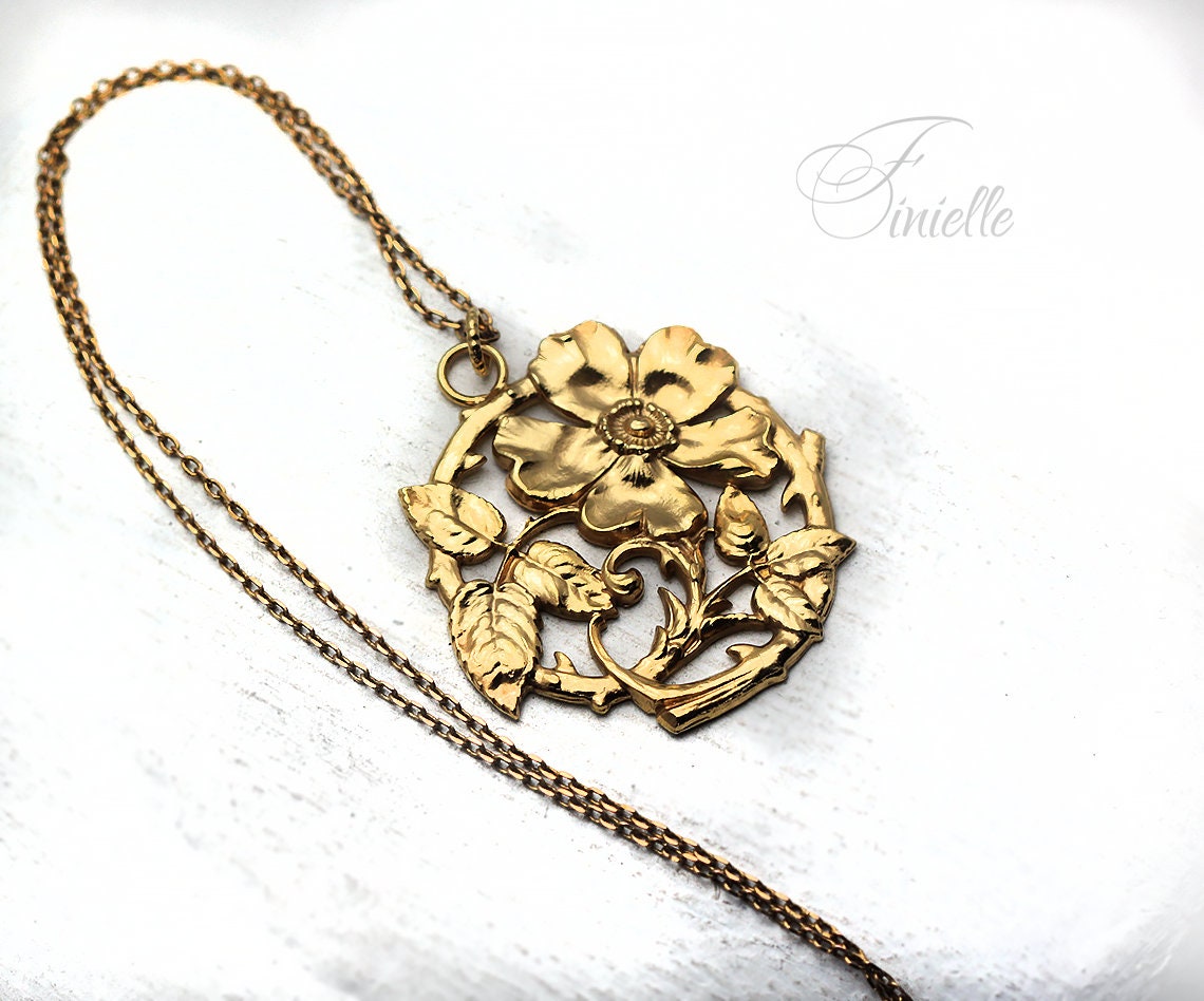 Unique Vintage Floral Button Pendant Necklace, Edwardian Era 1900-1910, Repurposed One, Antique 24K Gold Plated, Gift for Women