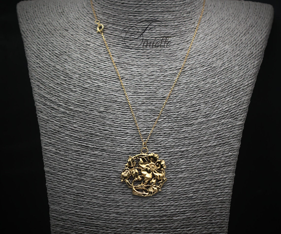 Unique Vintage Floral Button Pendant Necklace, Edwardian Era 1900-1910, Repurposed One, Antique 24K Gold Plated, Gift for Women