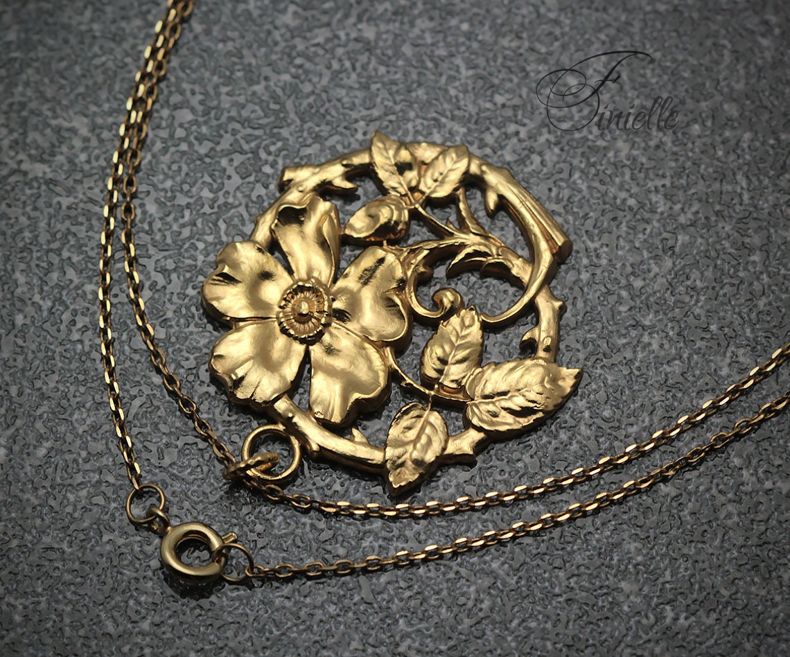 Unique Vintage Floral Button Pendant Necklace, Edwardian Era 1900-1910, Repurposed One, Antique 24K Gold Plated, Gift for Women