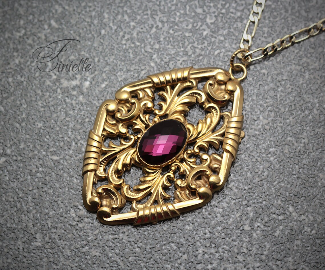Vintage Czech 1930's Art Deco Ornate Necklace, Purple Rhinestone, 24K Antique Gold Plated Pendant and Chain, Unique Gift for Women