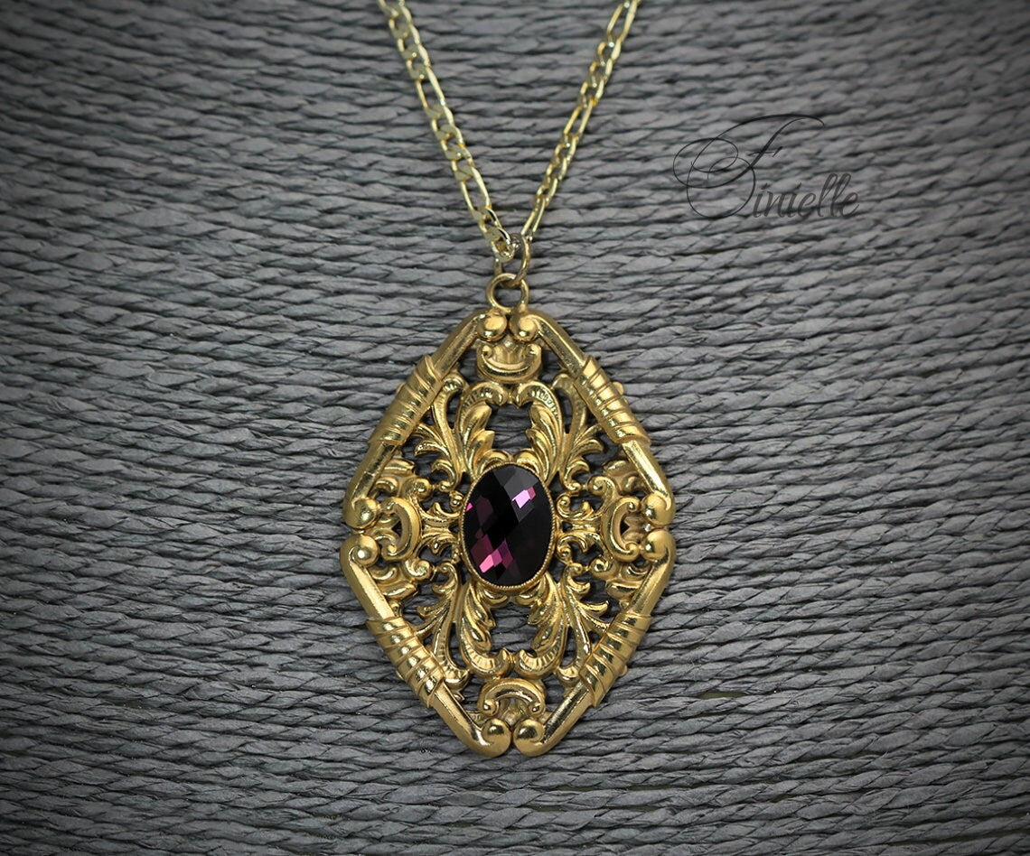 Vintage Czech 1930's Art Deco Ornate Necklace, Purple Rhinestone, 24K Antique Gold Plated Pendant and Chain, Unique Gift for Women