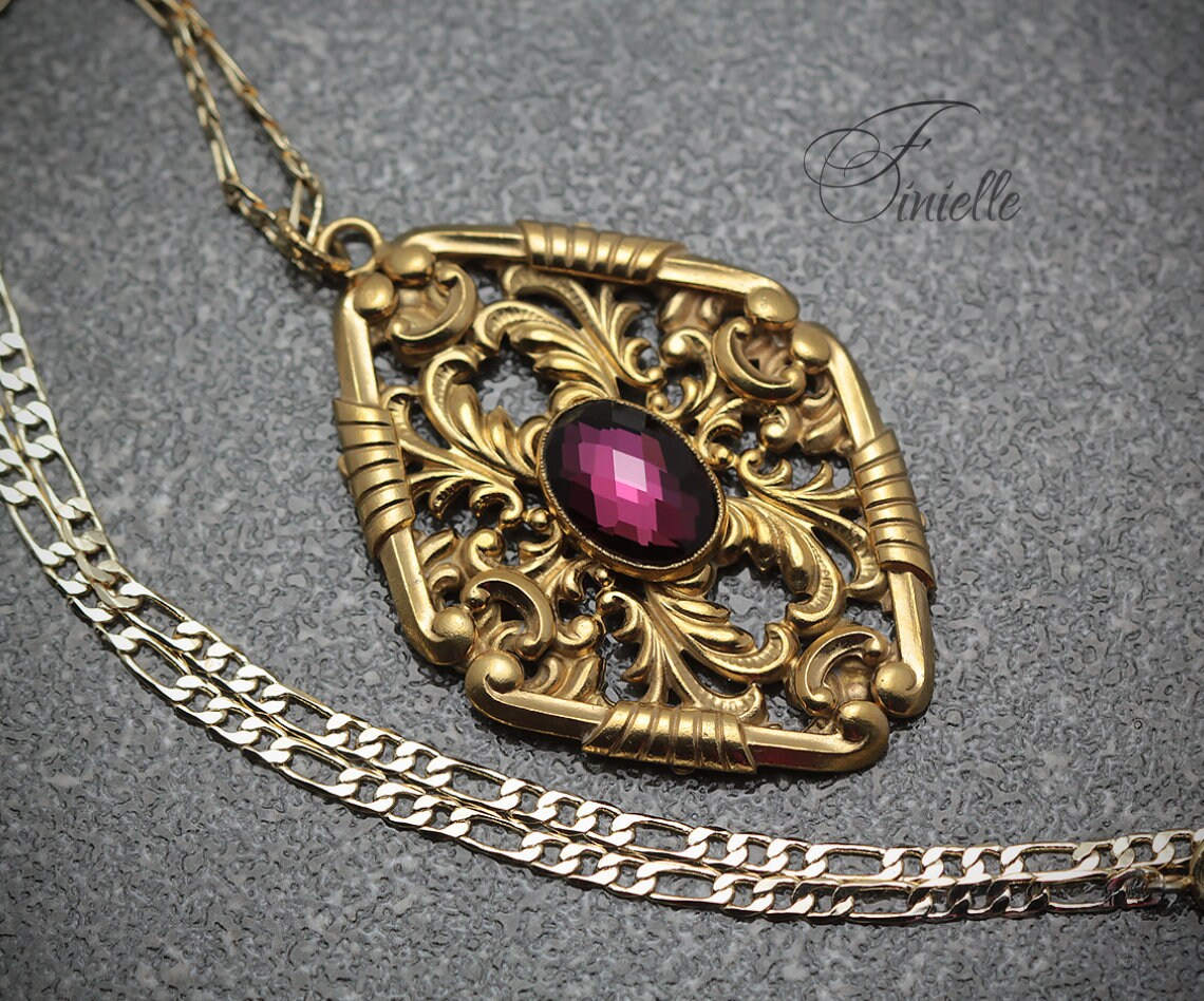 Vintage Czech 1930's Art Deco Ornate Necklace, Purple Rhinestone, 24K Antique Gold Plated Pendant and Chain, Unique Gift for Women