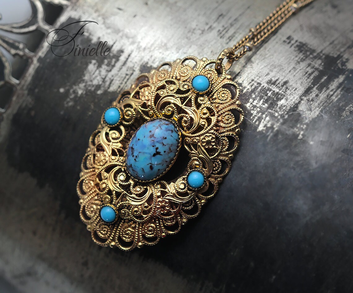 Art Deco Unique Necklace Pendant, Vintage Czech Bohemian Glass Turquoise, Vintage 1920-1930's, Repurposed Brooch, Gift for Women.