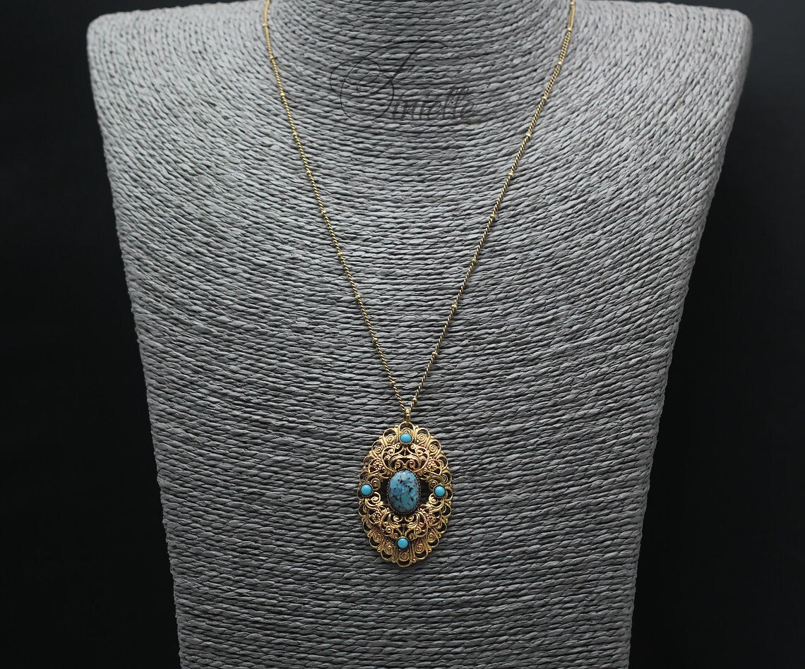 Art Deco Unique Necklace Pendant, Vintage Czech Bohemian Glass Turquoise, Vintage 1920-1930's, Repurposed Brooch, Gift for Women.