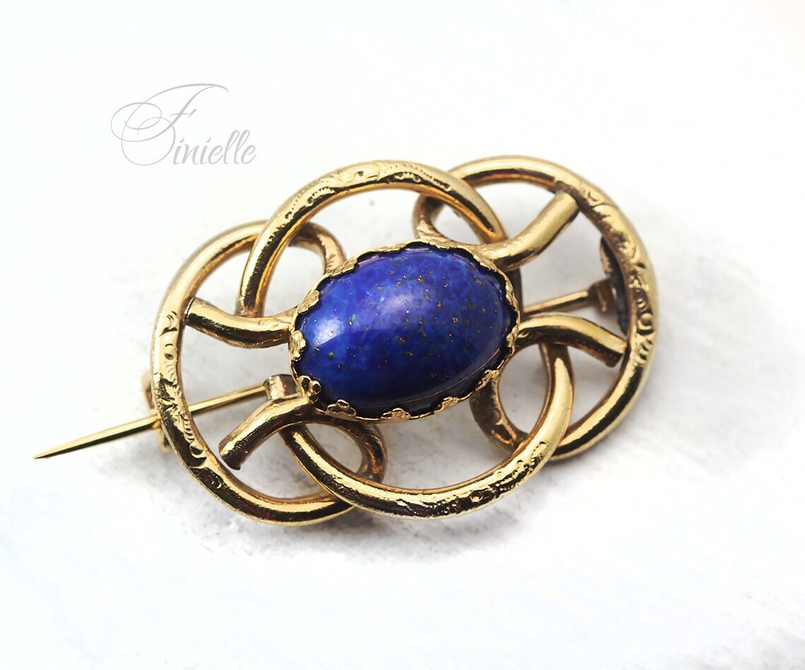 Antique Victorian Rolled Gold, Eternal Love Celtic Style Love Knot Small Brooch, Lapis Lazuli Glass, Gold-tone Vintage Jewellery