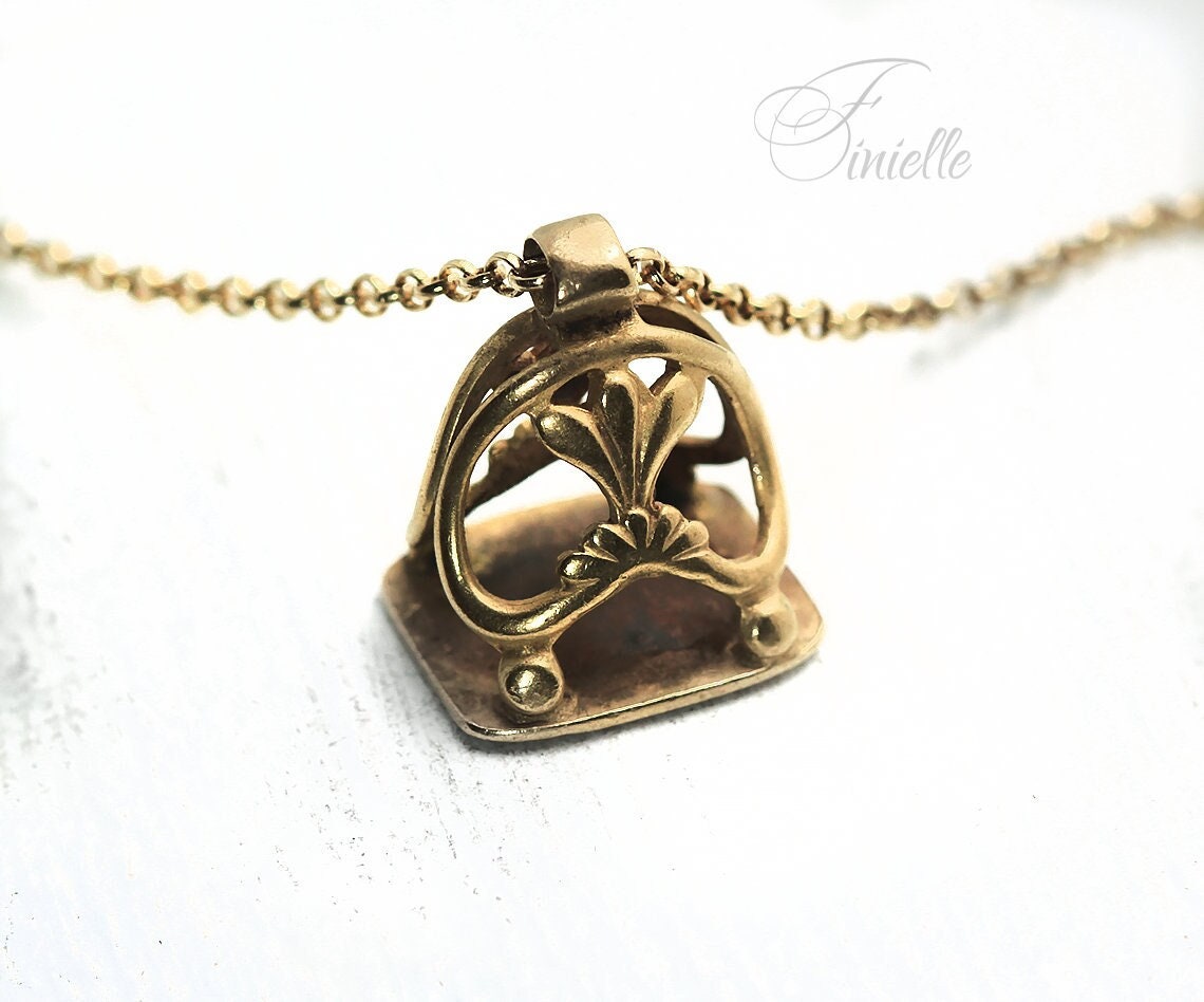Antique Victorian 1890 Seal Fob Gilded Pendant Necklace, Rolo Chain, Ornate, Vintage Jewelry Jewellery, Gold tone, Unique Unisex Gift