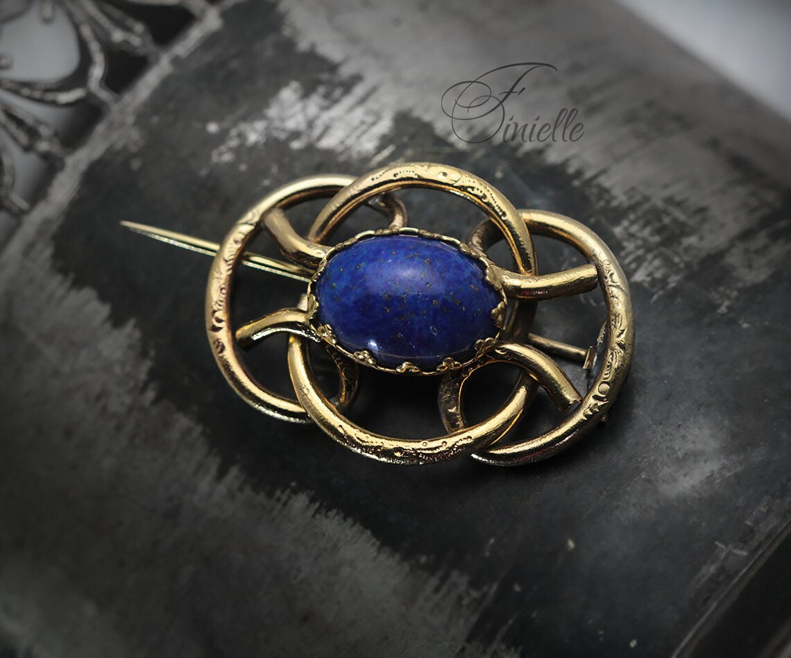 Antique Victorian Rolled Gold, Eternal Love Celtic Style Love Knot Small Brooch, Lapis Lazuli Glass, Gold-tone Vintage Jewellery