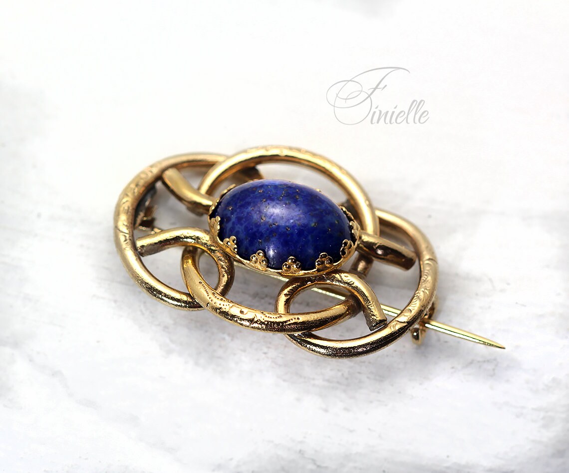 Antique Victorian Rolled Gold, Eternal Love Celtic Style Love Knot Small Brooch, Lapis Lazuli Glass, Gold-tone Vintage Jewellery