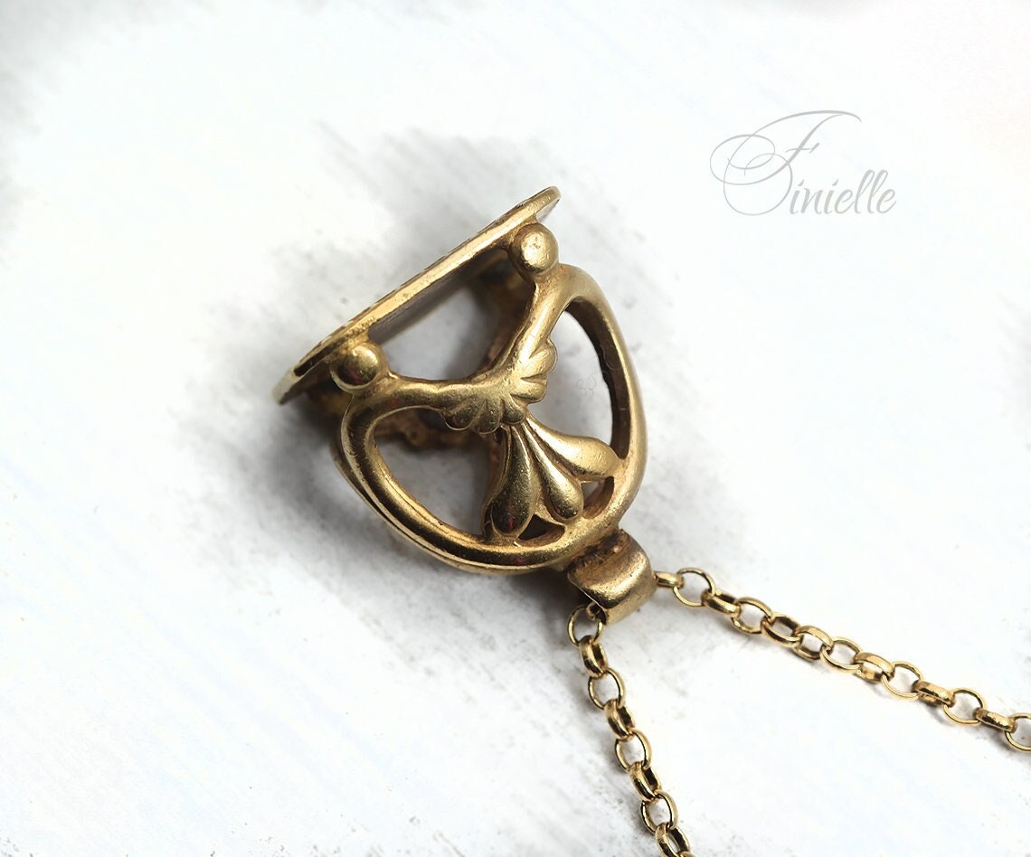 Antique Victorian 1890 Seal Fob Gilded Pendant Necklace, Rolo Chain, Ornate, Vintage Jewelry Jewellery, Gold tone, Unique Unisex Gift