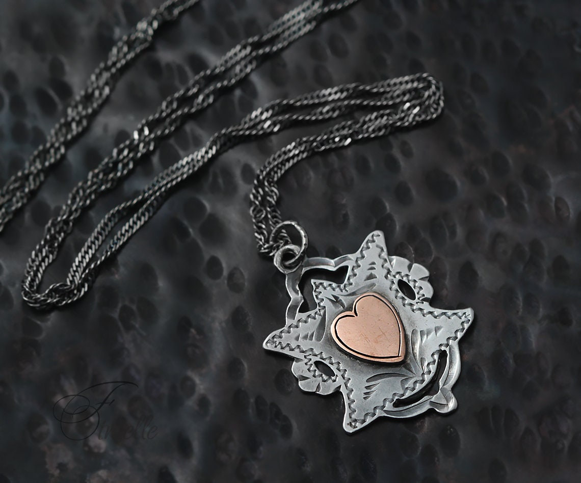 Antique Sterling Silver and Rose Gold Edwardian 1904 Pendant Necklace, Rare Vintage, Love Charm Heart, Jewelry Jewellery, Unique Unisex Gift