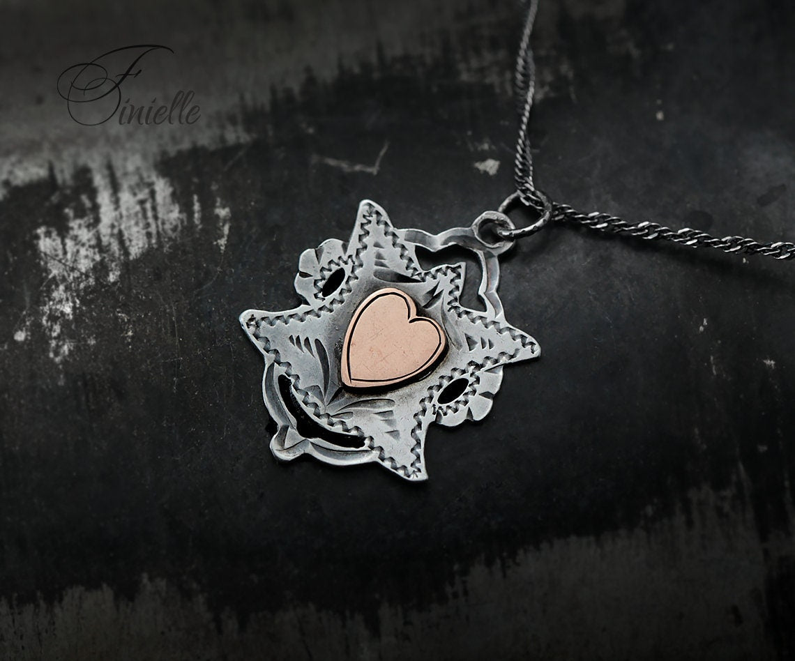 Antique Sterling Silver and Rose Gold Edwardian 1904 Pendant Necklace, Rare Vintage, Love Charm Heart, Jewelry Jewellery, Unique Unisex Gift
