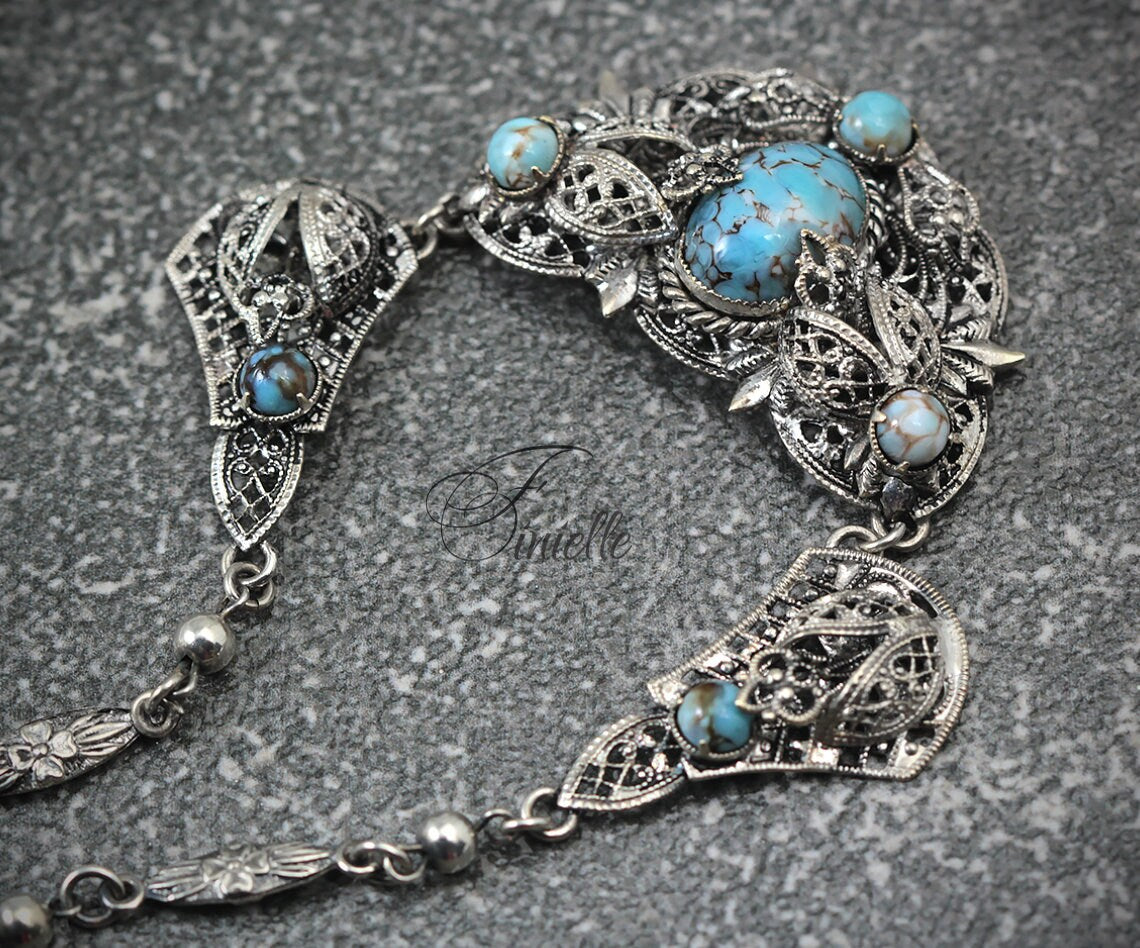 Art Deco 1920-1930's, Vintage Jewellery Antique Silver Plate, Czech Bohemian Blue Glass Turquoise Filigree Necklace, Jewelry Gift for Women