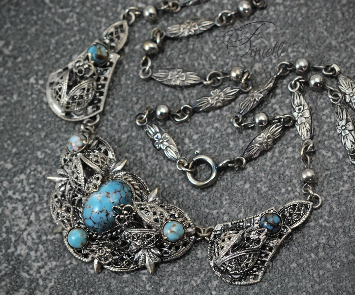 Art Deco 1920-1930's, Vintage Jewellery Antique Silver Plate, Czech Bohemian Blue Glass Turquoise Filigree Necklace, Jewelry Gift for Women