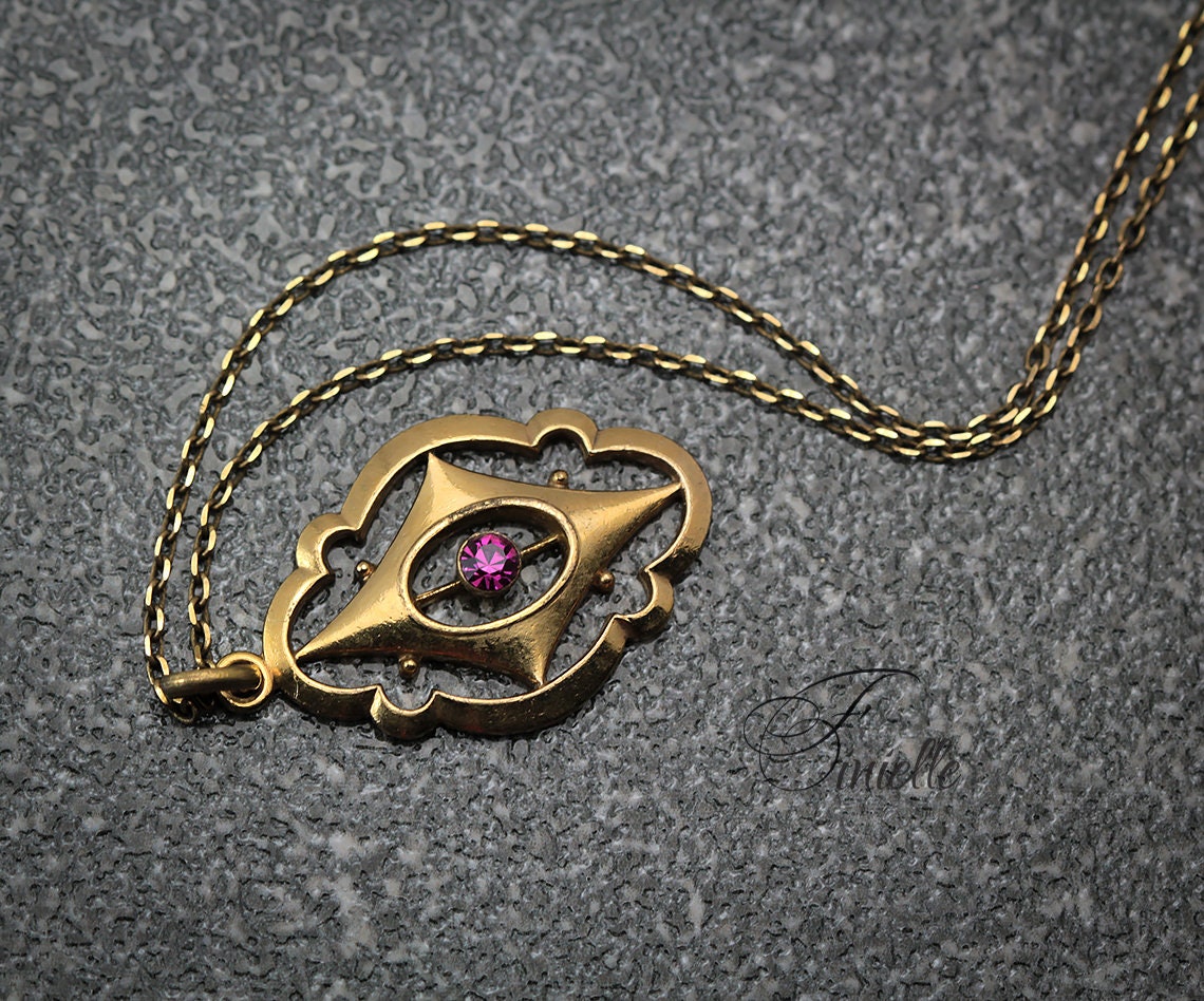 Antique Vintage Original 1880-1900 Victorian Gilded Glass Pendant Necklace, Gold Plated Chain, Ornate Vintage Jewelry Jewellery, Unique Gift