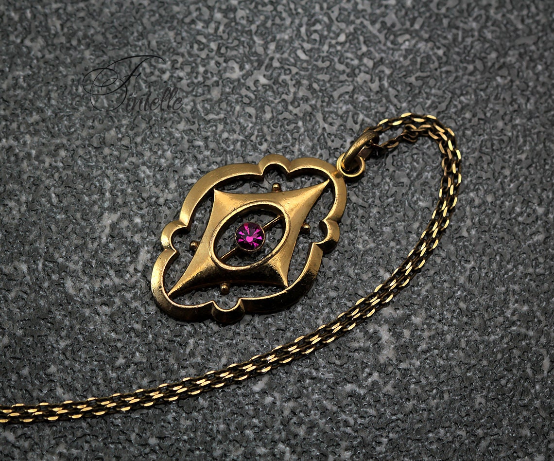Antique Vintage Original 1880-1900 Victorian Gilded Glass Pendant Necklace, Gold Plated Chain, Ornate Vintage Jewelry Jewellery, Unique Gift