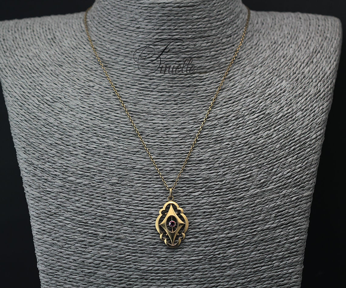 Antique Vintage Original 1880-1900 Victorian Gilded Glass Pendant Necklace, Gold Plated Chain, Ornate Vintage Jewelry Jewellery, Unique Gift