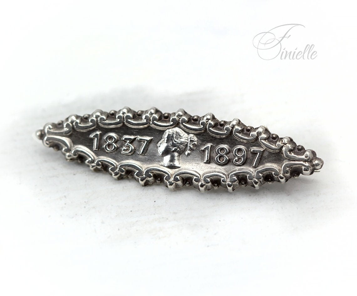 Sterling Silver Victorian 1896 | Queen Victoria Diamond Jubilee Souvenir Brooch | Hallmarked Birmingham Antique Vintage Jewelry Jewellery