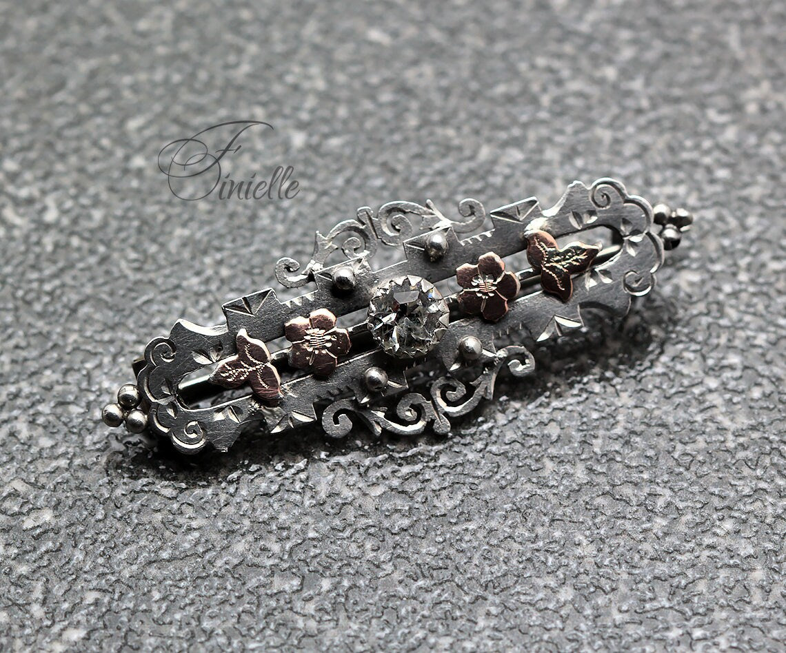 Sterling Silver and Rose Gold, Victorian 1898 Hallmarked | William Twigg | Birmingham, Floral Brooch, Antique Vintage Gift Jewelry Jewellery