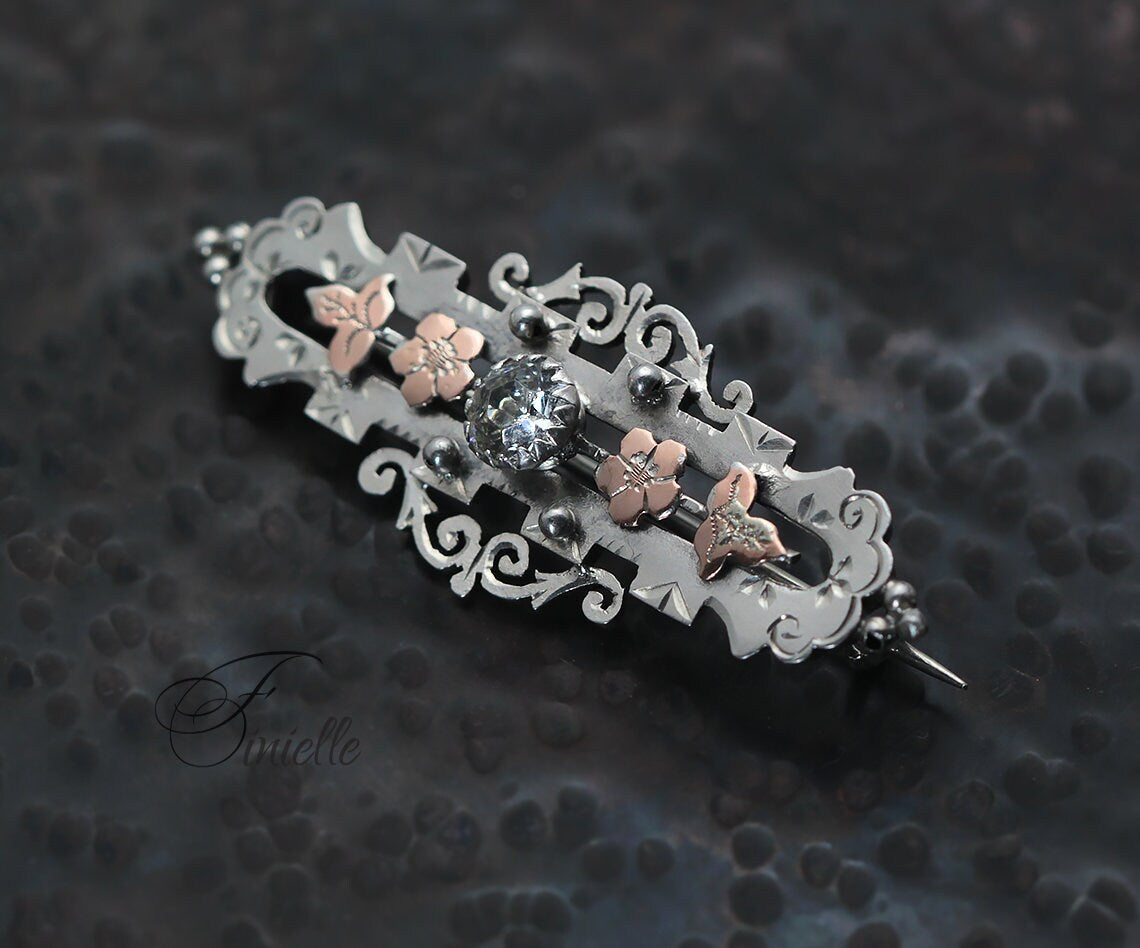 Sterling Silver and Rose Gold, Victorian 1898 Hallmarked | William Twigg | Birmingham, Floral Brooch, Antique Vintage Gift Jewelry Jewellery