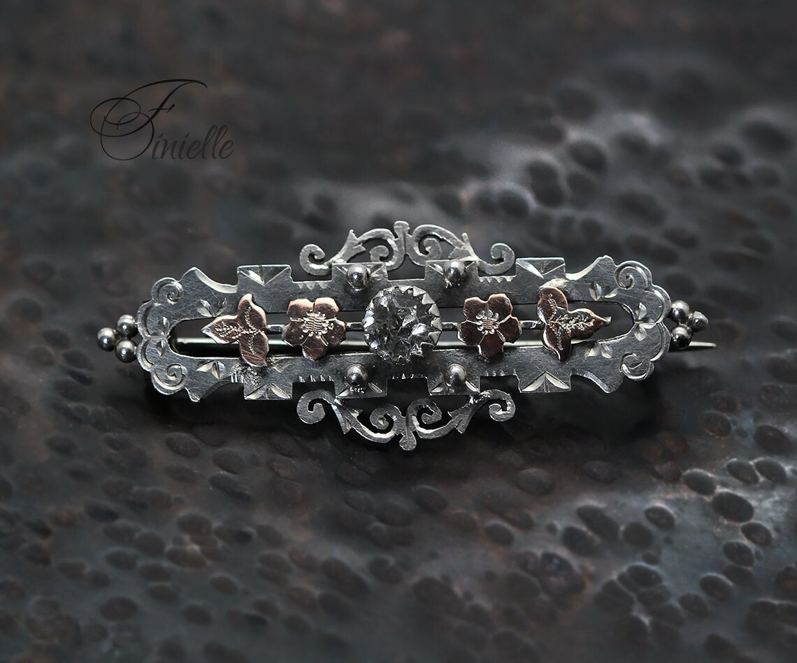 Sterling Silver and Rose Gold, Victorian 1898 Hallmarked | William Twigg | Birmingham, Floral Brooch, Antique Vintage Gift Jewelry Jewellery
